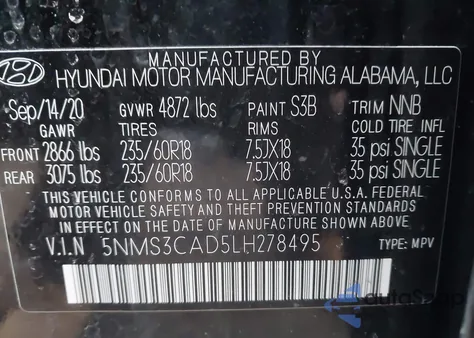 2020 Hyundai Santa Fe Sel z USA, uszkodzony, nr VIN 5NMS3CAD5LH278495